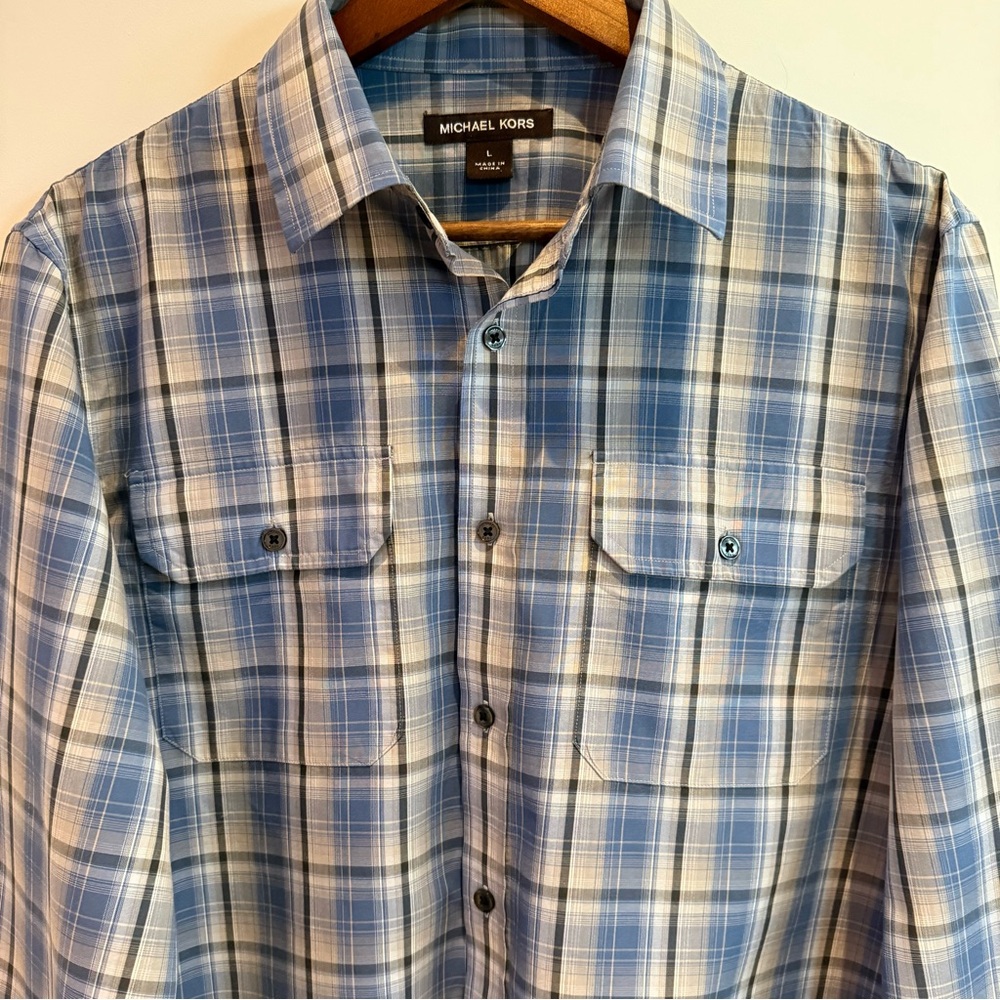 Michael Kors Dress shirt, Blue and White Plaid Long-Sleeve Shirt, Men’s Large - Picture 5 of 10